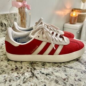 adidas Red Suede Gazelle Sneakers with White Stripes